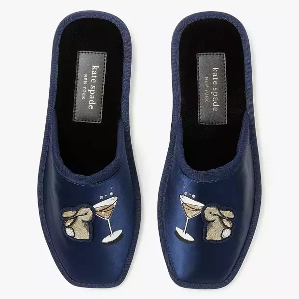 Kate Spade dove bunny starry night navy blue satin slippers bunny martini